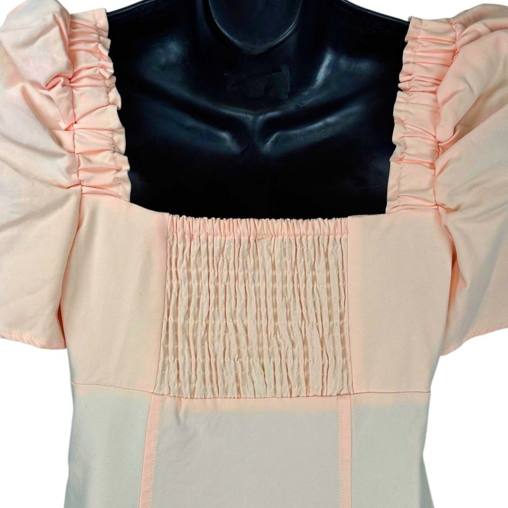 Free People Pera Peach Mini Dress Puff Sleeve Square Neck Smocked Back Size 2 - Picture 6 of 11